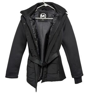 Michael Kors Black Puffer Belted Hooded Winter Jacket Women Size S